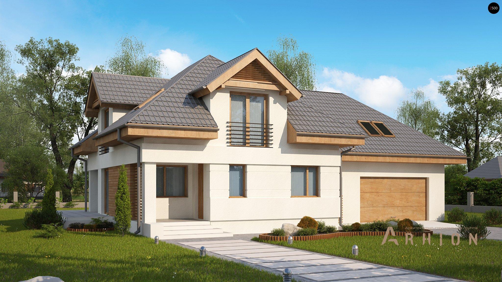 1. Проект одноэтажного дома в европейском стиле с четырехскатной, Z284 GP2, площадью - 211 кв c мансардой, терассой, балконом, гаражом